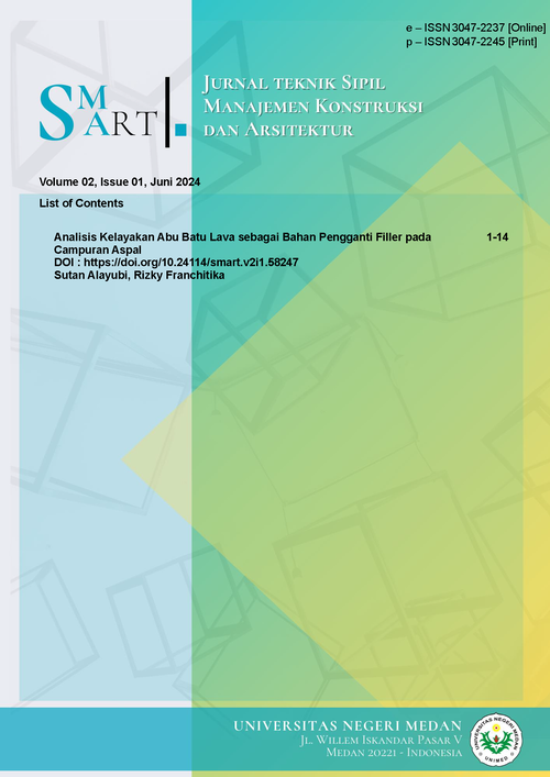 SMART: Jurnal Teknik Sipil, Manajemen Konstruksi, dan Arsitektur merupakan jurnal yang dikelola oleh Jurusan Pendidikan Teknik Bangunan Universitas Negeri Medan. SMART memuat dan menerbitkan karya-karya ilmiah berbasis penelitian dalam bidang Teknik Sipil
